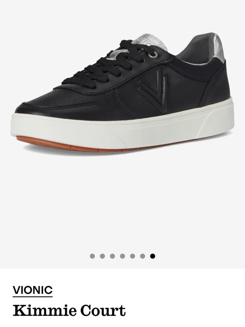 Vionic Women’s Black Leather Kimmie Court Sneakers with Silver Heel and Tongue